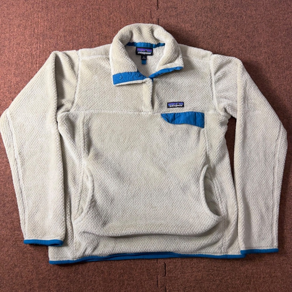 Patagonia Women Re-Tool Snap-T Fleece Pullover‎ Medium Cream Blue Polartec 25442